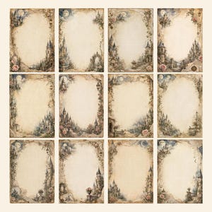 Op de afbeelding: Een verzameling van twaalf rechthoekige vellen briefpapier met randen in vintage-stijl, voorzien van illustraties van kastelen, manen en florale accenten. Elk vel heeft een cr&egrave;mekleurig midden met vage horizontale lijnen voor tekst.