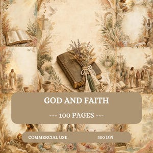Puede incluir: Una colección digital de 100 páginas titulada GOD AND FAITH, con ilustraciones de estilo vintage de escenas religiosas, libros abiertos, cruces, corderos y arreglos florales secos en tonos beige y marrón para proyectos creativos.