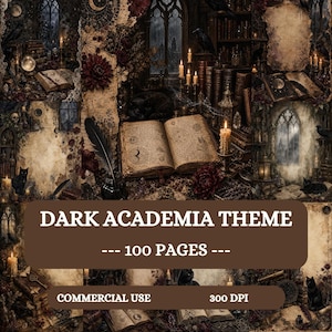 Könnte beinhalten: Eine digitale Sammlung von 100 Seiten im Dark-Academia-Stil mit gotischen Motiven wie offenen Büchern, brennenden Kerzen, schwarzen Katzen, Raben und Schreibfedern. Der Text lautet DARK ACADEMIA THEME, 100 PAGES, COMMERCIAL USE und 300 DPI.