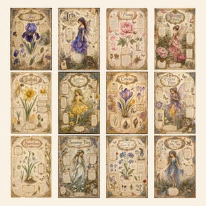May include: A collection of twelve rectangular prints featuring botanical illustrations of flowers and corresponding fairies. Each print includes text labels, detailed drawings of plants, and winged figures. The set displays Iris, Peony, Daffodil, Crocus, Snowdrop, and Forget-Me-Not themes in a vintage, parchment-style aesthetic with muted, earthy tones.