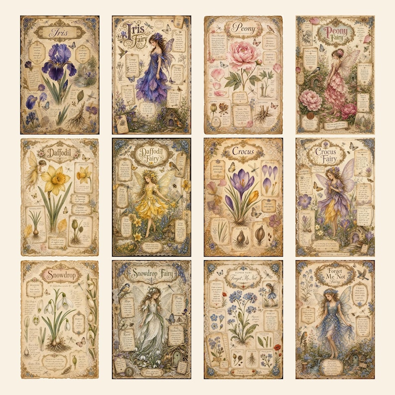 May include: A collection of twelve rectangular prints featuring botanical illustrations of flowers and corresponding fairies. Each print includes text labels, detailed drawings of plants, and winged figures. The set displays Iris, Peony, Daffodil, Crocus, Snowdrop, and Forget-Me-Not themes in a vintage, parchment-style aesthetic with muted, earthy tones.