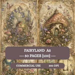 以下が含まれることがあります： FAIRYLAND A5 50 PAGES {100}と題されたデジタルペーパーパック。妖精、キノコの家、蝶、花の配置が描かれたヴィンテージスタイルのイラストで、茶色、クリーム色、柔らかな紫色の落ち着いた色調に金色のアクセントが施されています。