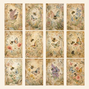 May include: A collection of twelve rectangular paper sheets featuring vintage-style illustrations of bees, butterflies, birds, and small woodland animals amidst floral arrangements, set against a weathered, aged parchment-colored background.