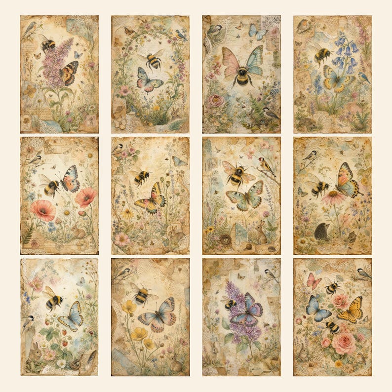 May include: A collection of twelve rectangular paper sheets featuring vintage-style illustrations of bees, butterflies, birds, and small woodland animals amidst floral arrangements, set against a weathered, aged parchment-colored background.