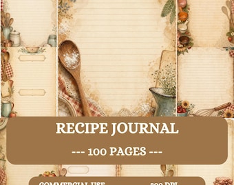 Vintage Recipe Journal Pages, Lined Kitchen Printable Paper Kit, 100 A4 Digital Papers, aged recipe book, soft writing ephemera, scrapbook