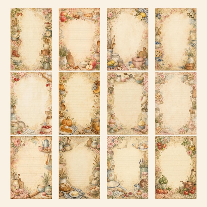 May include: A collection of twelve rectangular stationery sheets featuring a vintage-style parchment background with horizontal lines. Each sheet is framed by detailed illustrations of kitchenware, fresh produce, flowers, and baking ingredients.