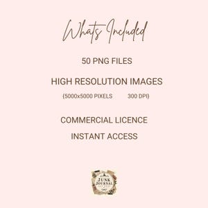 May include: A digital product information graphic on a light pink background with dark brown text reading: Whats Included, 50 PNG FILES, HIGH RESOLUTION IMAGES, 5000x5000 PIXELS, 300 DPI, COMMERCIAL LICENCE, INSTANT ACCESS, and a Junk Journal Art Shop logo.