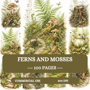 Op de afbeelding: Een digitale collectie illustraties met varens, mossen, paddenstoelen, konijnen en een theepot. De tekst luidt FERNS AND MOSSES, 100 PAGES, COMMERCIAL USE en 300 DPI. De kunstwerken tonen bosscènes met stenen paden en vlinders.