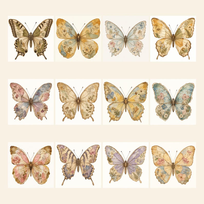 May include: A collection of twelve square illustrations featuring butterflies with intricate wing patterns. Each butterfly displays unique color palettes including shades of yellow, blue, pink, and brown, with delicate floral and botanical motifs integrated into the wings.