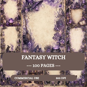 May include: A collection of 100 pages featuring a fantasy witch theme with purple and cream illustrations. The designs include a witch hat, broom, black cat, owl, crystal ball, cauldron, tarot cards, and books, all framed by magical elements.