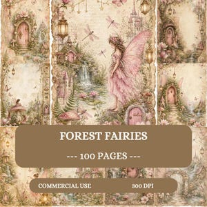 May include: A digital collection of 100 pages titled FOREST FAIRIES, featuring intricate illustrations of fairies, castles, waterfalls, and mushrooms in soft pink and beige tones. The design includes hanging lanterns, dragonflies, and floral elements.