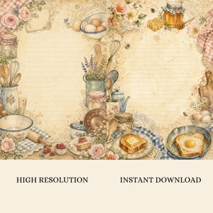 May include: Two sheets of lined stationery featuring a vintage kitchen theme with illustrations of eggs, honey, flowers, lace, and various cooking utensils. The designs include a piece of toast with butter and a fried egg on a blue checkered cloth.