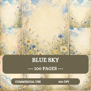 May include: A collection of 100 pages featuring a blue sky and wildflower meadow design. The paper sheets display a vintage parchment texture with illustrations of daisies and cornflowers. Text on the image reads BLUE SKY, 100 PAGES, COMMERCIAL USE, 300 DPI.