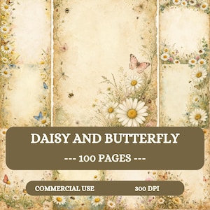 Może przedstawiać: Kolekcja stron papeterii z tłem w stylu vintage, ozdobiona ilustracjami białych stokrotek, motyli, pszczół i ważek. Tekst głosi DAISY AND BUTTERFLY, 100 PAGES, COMMERCIAL USE, 300 DPI.