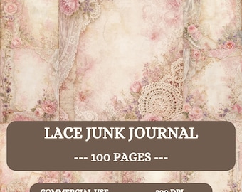 Lace Junk Journal Pages, Pink Purple Shabby Floral Printable Kit, 100 A4 Digital Papers Floral Scrapbook Pages, Romantic Floral Backgrounds