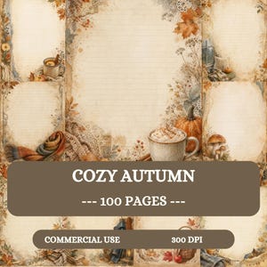 May include: A collection of stationery pages featuring autumn-themed illustrations including pumpkins, mugs of hot beverages, mushrooms, and fall foliage. The pages have lined writing areas and decorative lace borders in warm brown and orange tones.