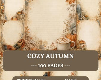 May include: A collection of stationery pages featuring autumn-themed illustrations including pumpkins, mugs of hot beverages, mushrooms, and fall foliage. The pages have lined writing areas and decorative lace borders in warm brown and orange tones.