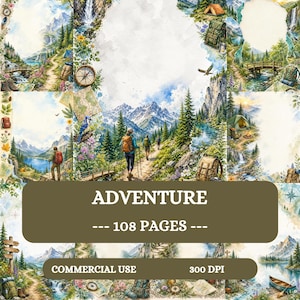 Pode incluir: Uma coleção digital de 108 páginas intitulada ADVENTURE, apresentando ilustrações em estilo aquarela de paisagens montanhosas, trilhas, florestas de pinheiros, cachoeiras, equipamentos de camping, bússolas, mapas e pessoas caminhando na natureza.