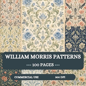 William Morris Patterns skräpjournal, utskrivbara sidor med vintageblommor, 100 A4 JPG-papper, botaniska ephemera, scrapbooksida, eleganta blommor
