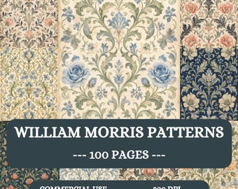 William Morris Patterns junkjournaal, vintage bloemen afdrukbare pagina's, 100 A4 jpg-papieren, botanische ephemera, plakboekpagina, chique bloemen