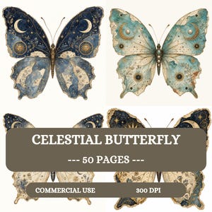 Celestial Butterfly PNG Clipart, Vintage Moon, Stars Fussy Cuts , 50 Square PNG Images for Junk Journals, Mystical Scrapbook Ephemera