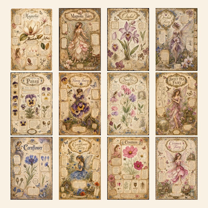 May include: A collection of twelve rectangular botanical prints featuring illustrations of flowers and fairies. Each print includes text labels such as Magnolia, Orchid, Pansy, Sweet Pea, Cornflower, and Cosmos, alongside detailed drawings of plants and winged figures.