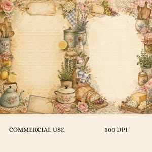 May include: Two sheets of lined stationery featuring a vintage kitchen theme with illustrations of a tea kettle, jars, herbs, bread, cheese, and floral accents. The paper has a beige, aged parchment appearance with lace and checkered fabric details.