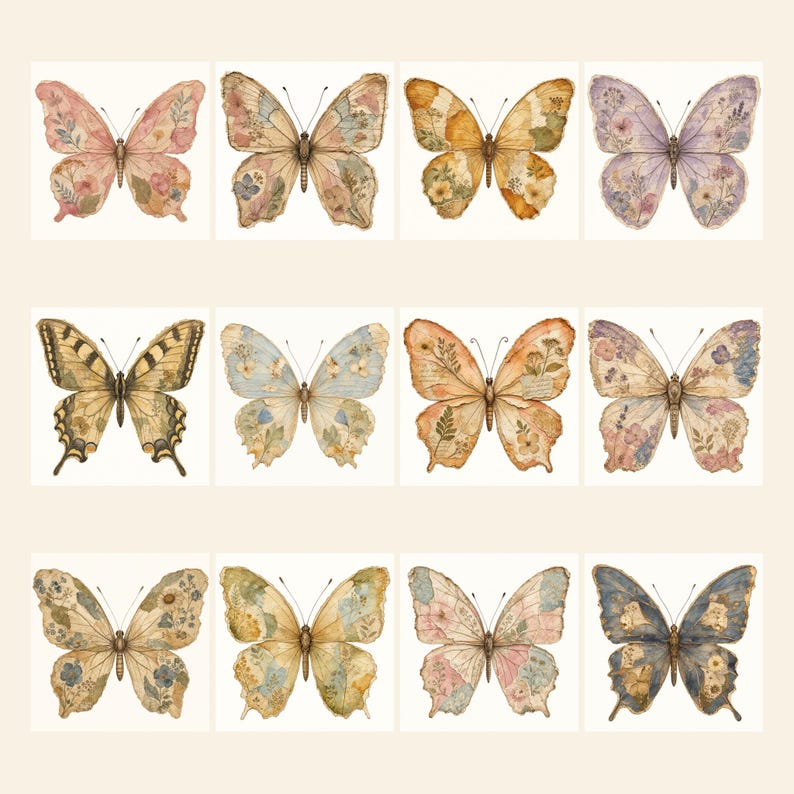 May include: A collection of twelve butterflies arranged in a grid, each featuring unique watercolor-style patterns with floral and botanical motifs in shades of pink, yellow, blue, purple, and brown against a light cream background.