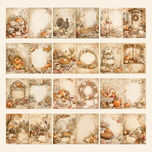 May include: A collection of sixteen decorative paper sheets featuring vintage-style illustrations of autumn themes, including pumpkins, turkeys, pies, wreaths, and harvest foliage in warm, muted tones with lined and blank writing spaces.