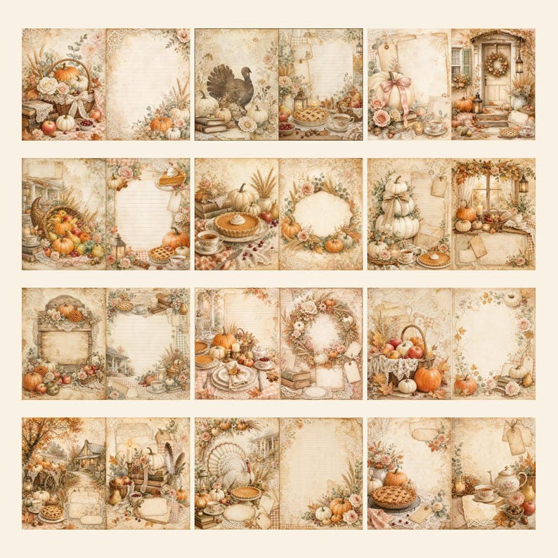 May include: A collection of sixteen decorative paper sheets featuring vintage-style illustrations of autumn themes, including pumpkins, turkeys, pies, wreaths, and harvest foliage in warm, muted tones with lined and blank writing spaces.