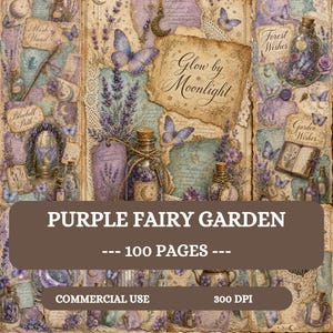 Peut inclure: Un pack de papier numérique avec des motifs de jardin de fées violet, incluant lavande, papillons, bouteilles en verre et lunes. Le texte indique Glow by Moonlight, Wish Wand, Bluebell Path, Forest Wishes, Garden Wishes, Purple Fairy Garden, 100 Pages, Commercial Use, 300 DPI.