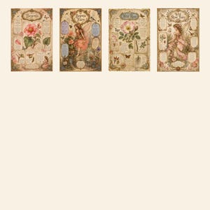 May include: Four rectangular botanical prints featuring vintage-style illustrations of Begonia, Begonia Fairy, Wild Rose, and Wild Rose Fairy. Each print includes detailed text, floral imagery, and small insect motifs in muted earth tones and soft pinks.