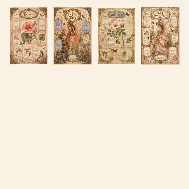 May include: Four rectangular botanical prints featuring vintage-style illustrations of Begonia, Begonia Fairy, Wild Rose, and Wild Rose Fairy. Each print includes detailed text, floral imagery, and small insect motifs in muted earth tones and soft pinks.