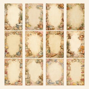 May include: A collection of twelve rectangular stationery sheets featuring lined paper centers surrounded by decorative borders of kitchenware, including pots, pans, wooden spoons, jars, and floral accents in muted, warm, and earthy color tones.
