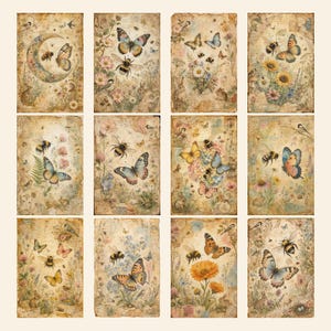 May include: A collection of twelve rectangular paper sheets featuring vintage-style illustrations of butterflies, bees, flowers, and small animals. Each sheet has a distressed, aged parchment texture with muted earth tones and botanical motifs.