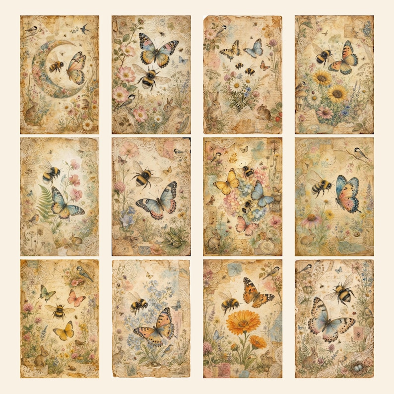 May include: A collection of twelve rectangular paper sheets featuring vintage-style illustrations of butterflies, bees, flowers, and small animals. Each sheet has a distressed, aged parchment texture with muted earth tones and botanical motifs.