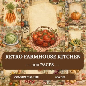 Páginas de diario de cocina estilo granja retro, kit imprimible de recetas vintage en acuarela, 100 papeles digitales A4, frutas, verduras, papeles decorativos.