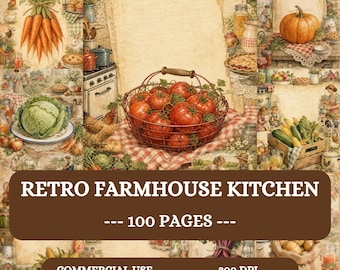 Retro Farmhouse Kitchen Journal Pages, Vintage Recipe Watercolour Printable Kit, 100 A4 Digital Papers, Fruits, vegetables Junk Papers