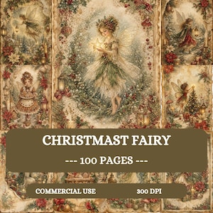 Pode incluir: Uma coleção digital de 100 páginas com ilustrações de fadas natalinas. As imagens mostram fadas em cenários de inverno com poinsétias, lanternas e estrelas. O texto diz CHRISTMAST FAIRY, 100 PAGES, COMMERCIAL USE, 300 DPI.
