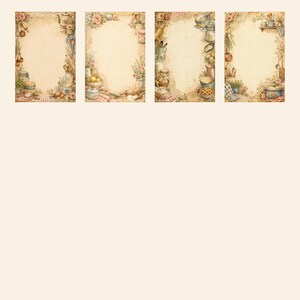 May include: Four rectangular sheets of lined stationery paper featuring a vintage-inspired kitchen theme. Each sheet is decorated with illustrations of cooking utensils, mixing bowls, jars, flowers, and baked goods along the borders.