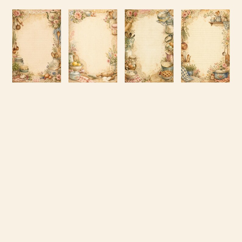 May include: Four rectangular sheets of lined stationery paper featuring a vintage-inspired kitchen theme. Each sheet is decorated with illustrations of cooking utensils, mixing bowls, jars, flowers, and baked goods along the borders.