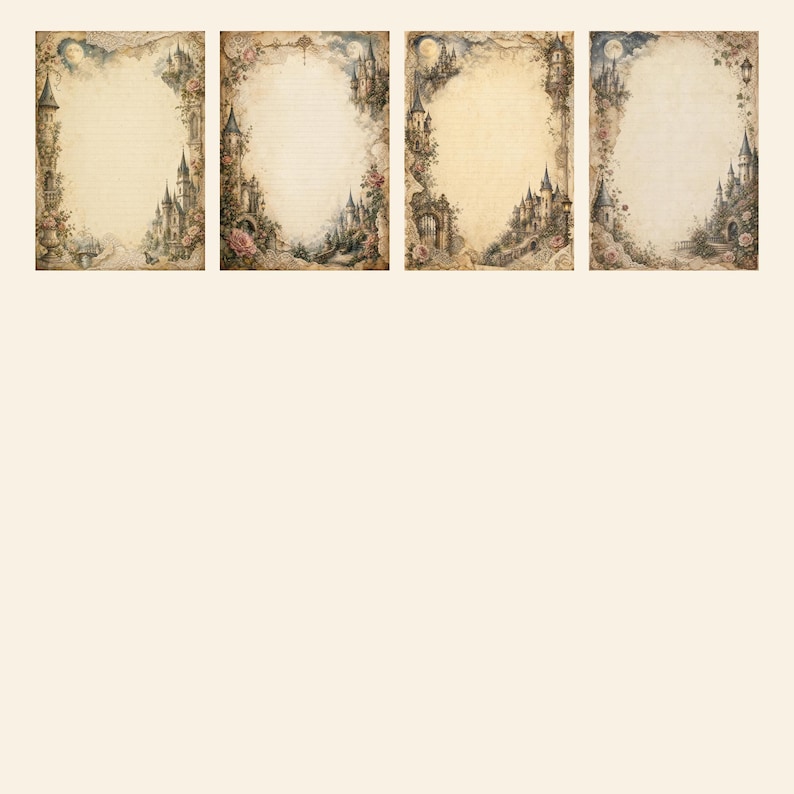 Op de afbeelding: Vier rechthoekige vellen briefpapier met een vintage perkamentachtige achtergrond en vage horizontale lijnen. Elk vel is omlijst door gedetailleerde illustraties van stenen kastelen, bloeiende rozen en een volle maan in aardetinten.