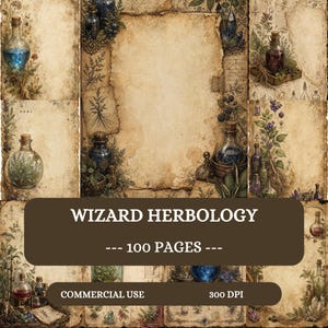 Puede incluir: Una impresión de arte digital de estilo vintage, con un fondo marrón e ilustraciones botánicas. Se muestra el texto "WIZARD HERBOLOGY", junto con "--- 100 PAGES ---", "COMMERCIAL USE" y "300 DPI".
