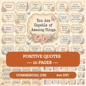 May include: A collection of printable sheets featuring positive quotes in decorative frames with floral and butterfly illustrations. The central text reads, You Are Capable of Amazing Things. Additional text includes Positive Quotes, 10 Pages, and Commercial Use.