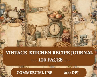 Vintage Kitchen Recipe pages, Retro Kitchen Junk Journal, A4 bundle 100 Digital Papers, Scrapbooking Recipe Books, Shabby Chic Ephemera page