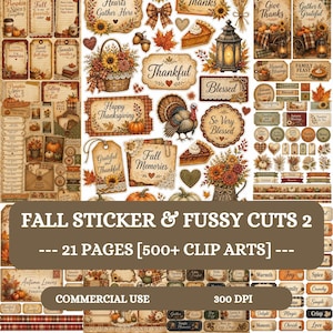 Op de afbeelding: Een verzameling herfststickers en uitgesneden afbeeldingen met illustraties van pompoenen, zonnebloemen, kalkoenen, lantaarns en taartpunten. De set bevat diverse labels met teksten zoals Thankful, Blessed en Fall Memories in warme tinten.