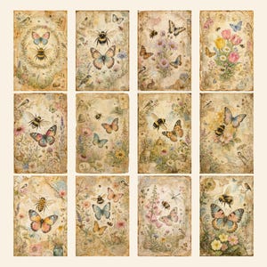 May include: A set of twelve rectangular paper sheets featuring vintage-style illustrations of bees, butterflies, flowers, and small animals. Each sheet has a distressed, aged parchment background with botanical motifs and soft, muted color palettes.