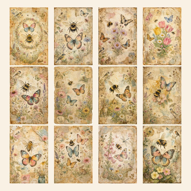 May include: A set of twelve rectangular paper sheets featuring vintage-style illustrations of bees, butterflies, flowers, and small animals. Each sheet has a distressed, aged parchment background with botanical motifs and soft, muted color palettes.