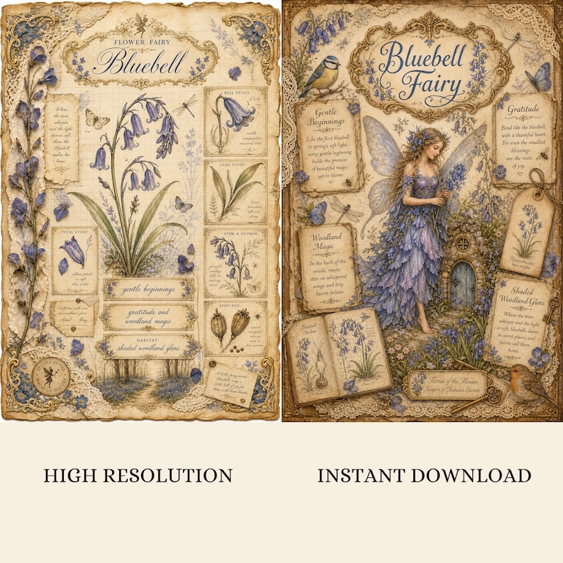 May include: Two decorative art prints featuring bluebell flowers and a fairy. The left print shows botanical illustrations of bluebells, butterflies, and text. The right print depicts a fairy in a blue dress, a bird, and text titled Bluebell Fairy.