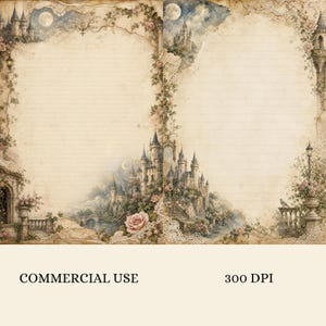 Op de afbeelding: Twee vellen gelinieerd briefpapier met een vintage uitstraling en een beige perkamenten achtergrond. De randen zijn versierd met illustraties van stenen kastelen, nachtelijke luchten met manen, klimrozen en gedetailleerd wit kant.